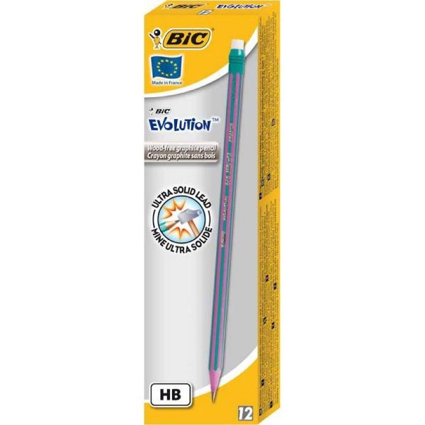 Creion grafit BIC Evolution STRIPES 646 cu radiera, 12 buc/cutie