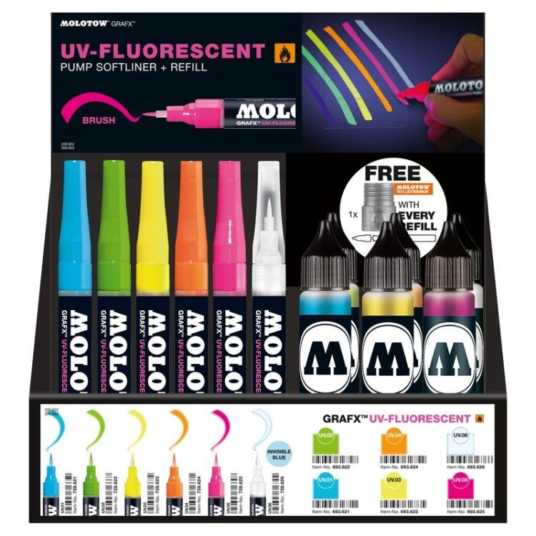 Softliner cu pompiță Molotow UV-Fluorescent, 1 mm, Display, 30 buc.