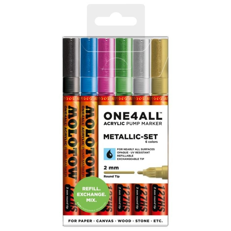 Marker acrilic Molotow ONE4ALL™ 127HS, 2 mm, portofel Metallic - Set 6 buc.