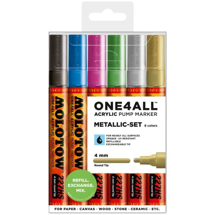 Marker acrilic Molotow ONE4ALL™ 227HS, 4 mm, portofel Metallic - Set 6 buc.