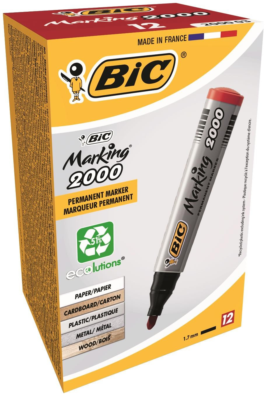 Marker permanent BIC 2000, rosu, 12 buc/cutie