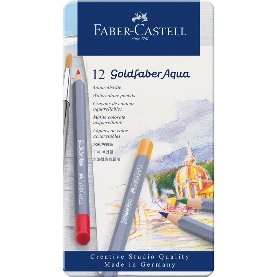 Creioane Colorate Faber-Castell Aquarelle Goldfaber, 12 Culori, Cutie Metal