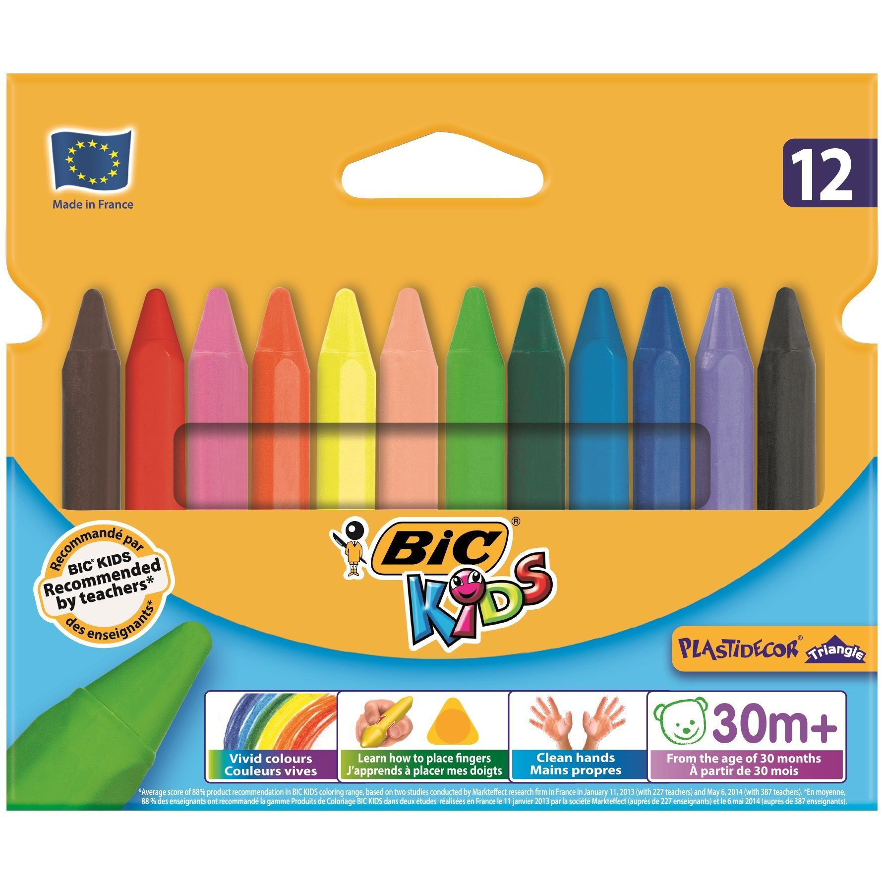 Creioane cerate BIC plastifiate Plastidecor Triunghiulare, 12 buc/set