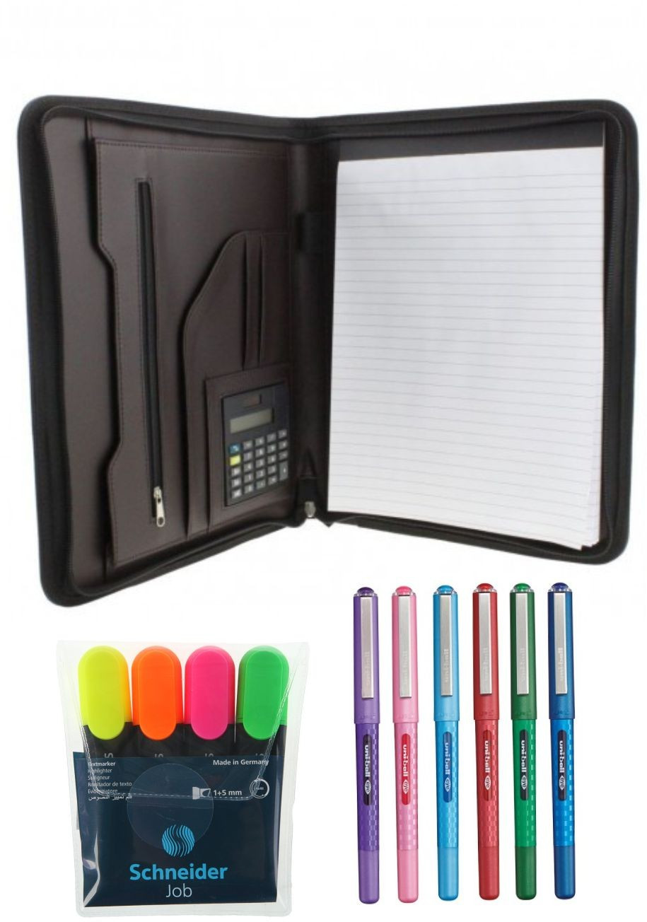 Set Birou 6 - Mapa Cu Calculator Si Fermoar, 6 Rollere Uni-Ball Eye 157D Multicolore, 4 Textmarkere Schneider Job