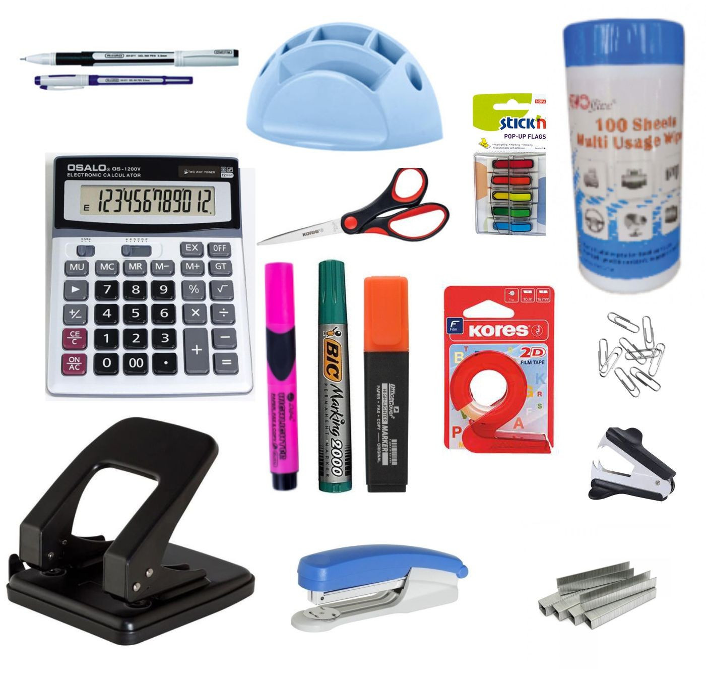 Set Birou 4 - Perforator, Capsator, Capse, Decapsator, Textmarker, Calculator, Stick Notes, Pix, Marker, Servetele, Foarfeca..