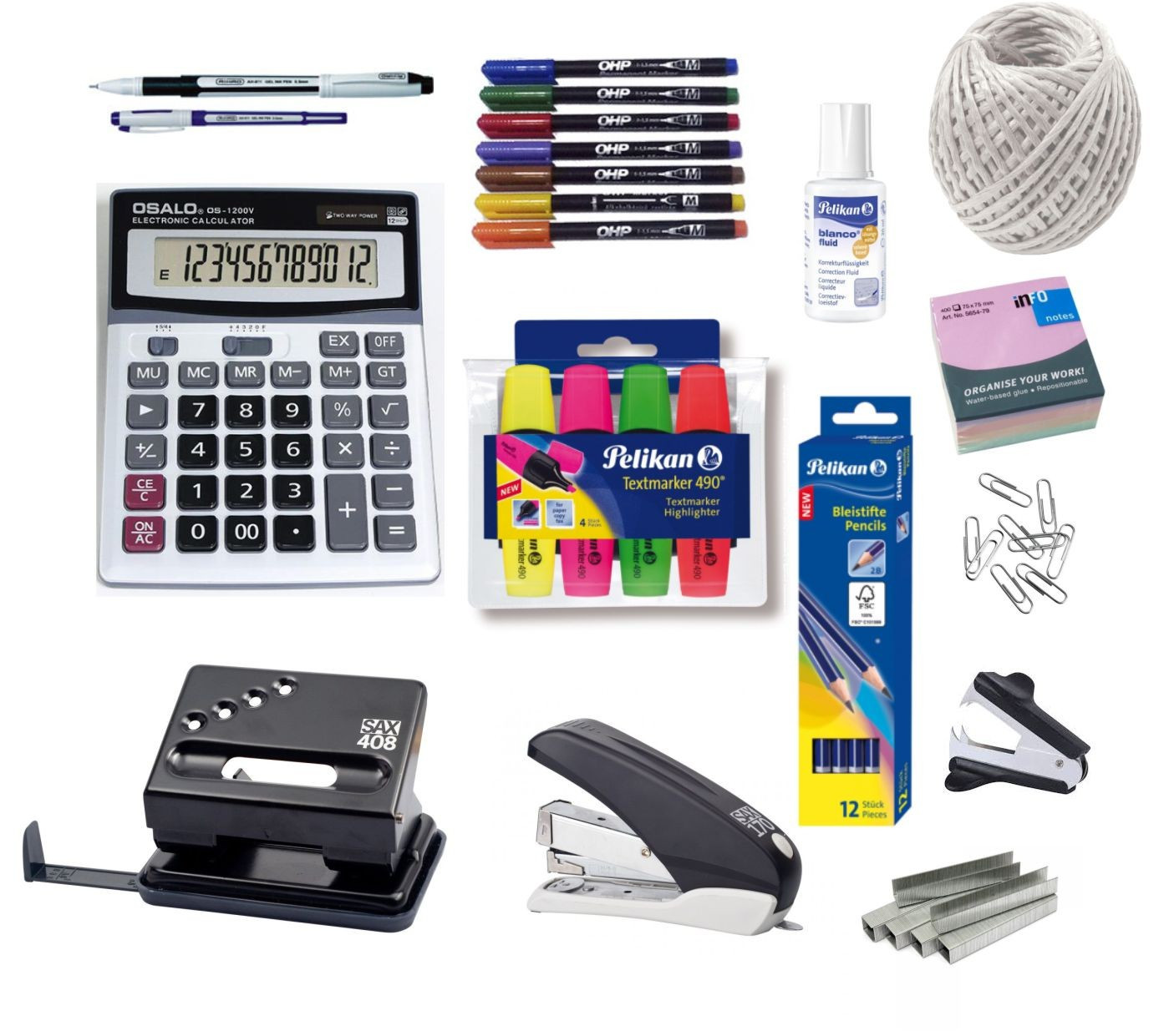 Set Birou - Perforator, Capsator, Capse, Decapsator, Textmarker, Calculator, Notes, Pix, Marker, Agrafe, Creion, Corector