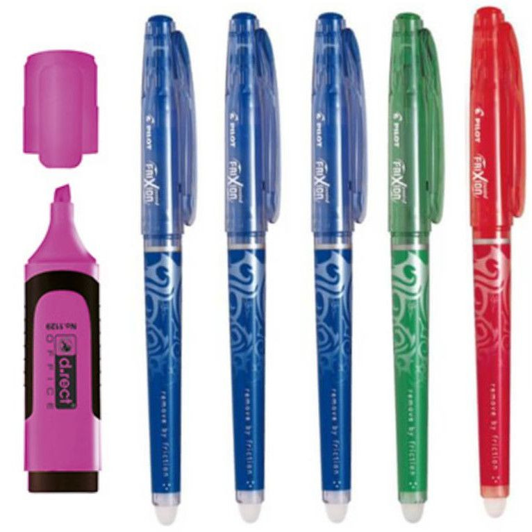 Set 5 Rollere Pilot Frixion 0.5 mm, Albastru 3 bucati, Rosu, Verde + Textmarker D.rect