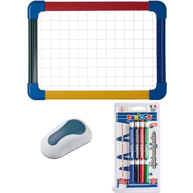 Set Tabla scolara Bi-Silque cu rama color A4, 4 Markere whiteboard Carioca, burete