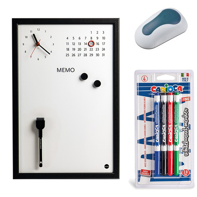 Set Ceas Memo-Whiteboard magnetic Bi-Silque, 4 Markere whiteboard Carioca, burete, 30 x 40 cm