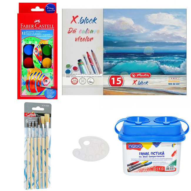 Set Pictura 1 - Acuarele Faber-Castell, Pahar pictura, Pensoane, Paleta si Bloc desen