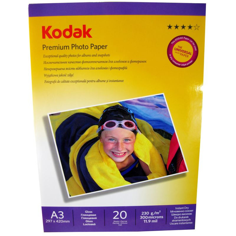 Hartie foto Kodak Premium Glossy A3, 230 g/mp, 20 coli/pachet