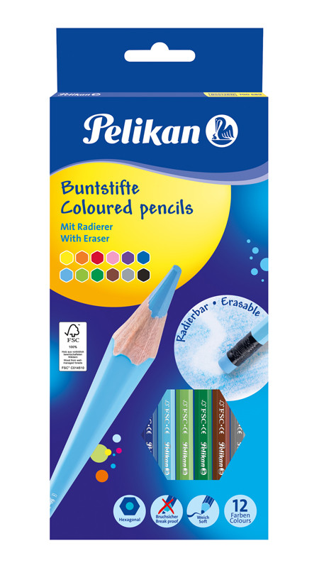 Creioane Color Lacuite Cu Radiera, Set 12 Culori, Sectiune Hexagonala Pelikan