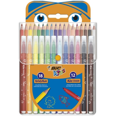 Pachet Mixt Coloriaj BIC : Creioane Colorate Evolution BIC cut/18 , Markere de Colorat Kid Couleur BIC cut/12