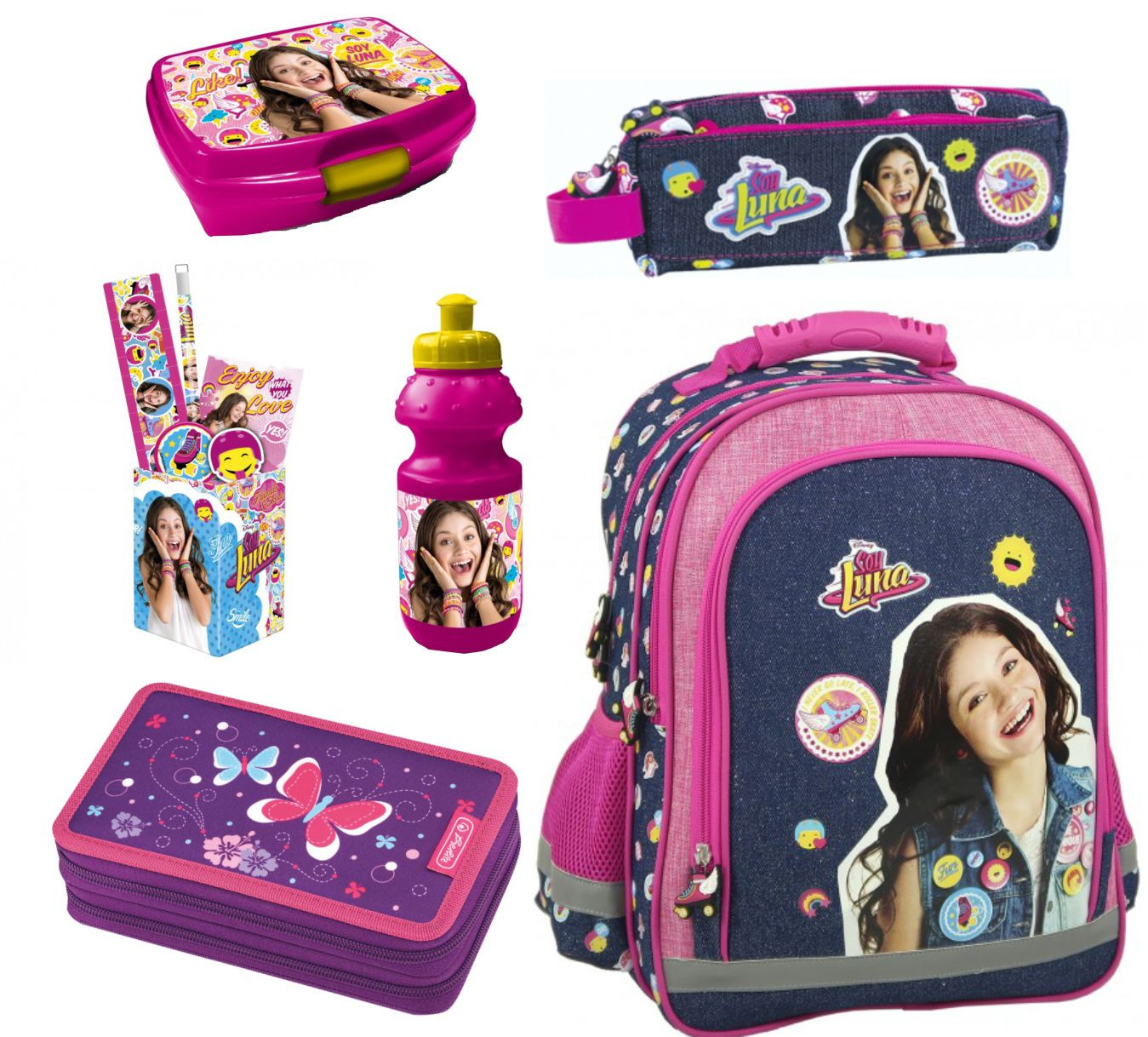 Set scoala Soy Luna 9 - Ghiozdan scoala, Penar echipat si etui, Sticla apa, Cutie alimente, Suport instrumente de scris echipat