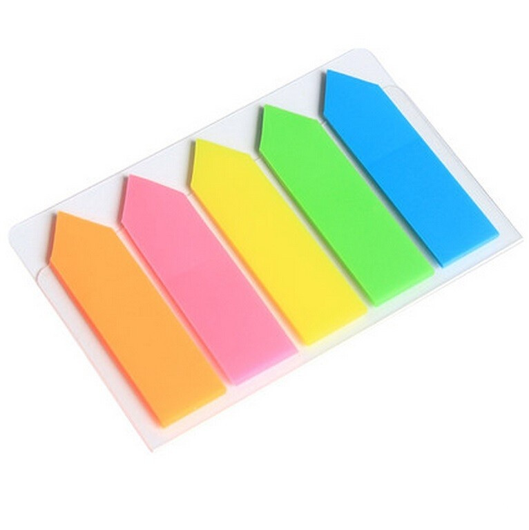 Index plastic 44 x 12.7 mm, 5 culori neon x 20 file, forma sageata