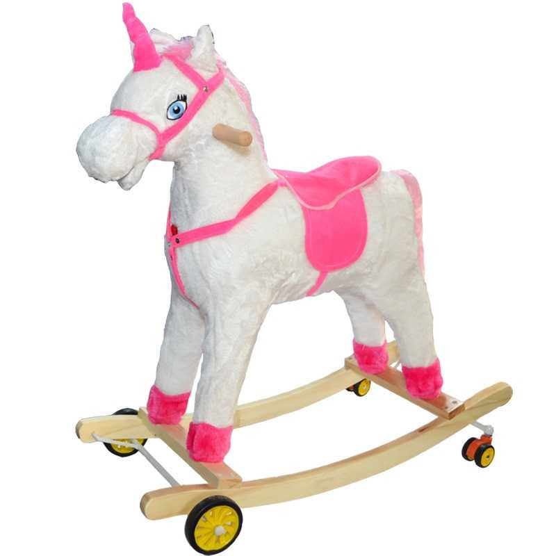 Unicorn Balansoar, Lemn + Plus, Cu Rotile, Alb+Roz, 77 Cm