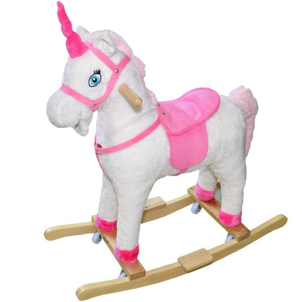 Unicorn Balansoar Cu Rotile, Lemn Si Plus, Alb/Roz