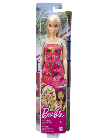MTT7439_HBV05,Barbie Papusa Clasica Blonda Cu Rochita Roz Cu Imprimeu Cu Fluturi
