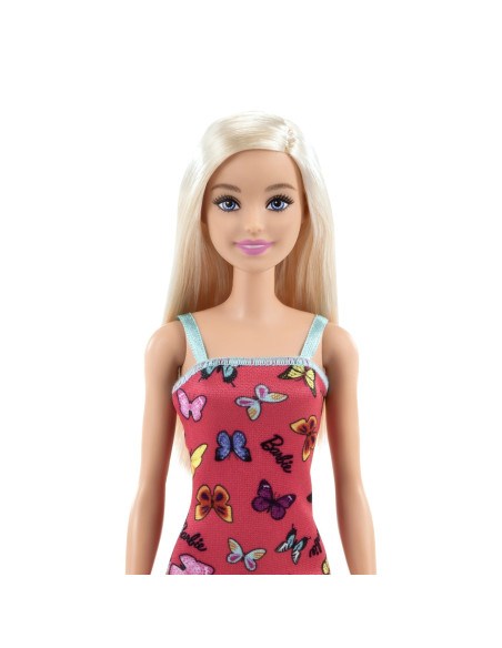 MTT7439_HBV05,Barbie Papusa Clasica Blonda Cu Rochita Roz Cu Imprimeu Cu Fluturi