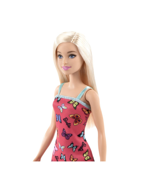 MTT7439_HBV05,Barbie Papusa Clasica Blonda Cu Rochita Roz Cu Imprimeu Cu Fluturi