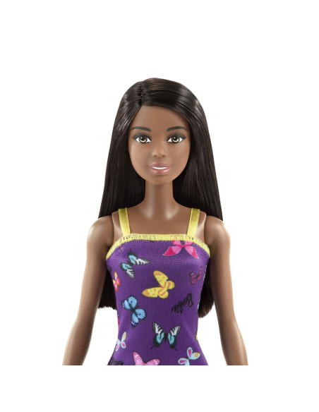 MTT7439_HBV07,Barbie Papusa Clasica Bruneta Cu Rochita Mov Cu Imprimeu Cu Fluturi