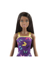 MTT7439_HBV07,Barbie Papusa Clasica Bruneta Cu Rochita Mov Cu Imprimeu Cu Fluturi