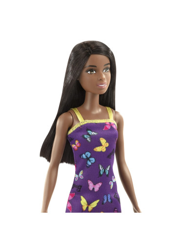 MTT7439_HBV07,Barbie Papusa Clasica Bruneta Cu Rochita Mov Cu Imprimeu Cu Fluturi
