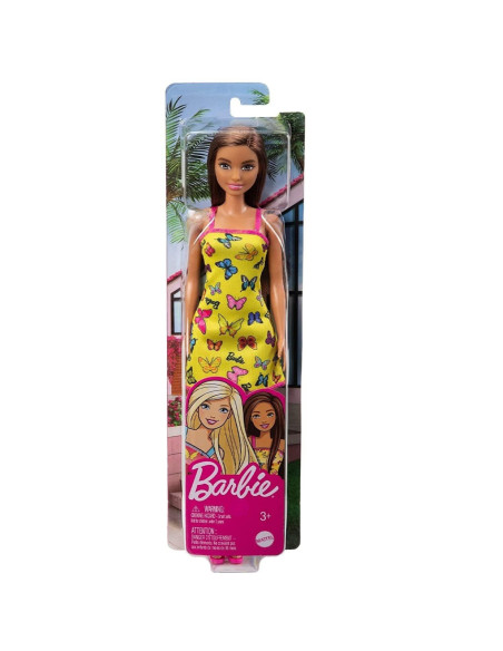 MTT7439_HBV08,Barbie Papusa Clasica Satena Cu Rochita Galbena Cu Imprimeu Cu Fluturi