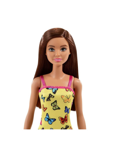 MTT7439_HBV08,Barbie Papusa Clasica Satena Cu Rochita Galbena Cu Imprimeu Cu Fluturi