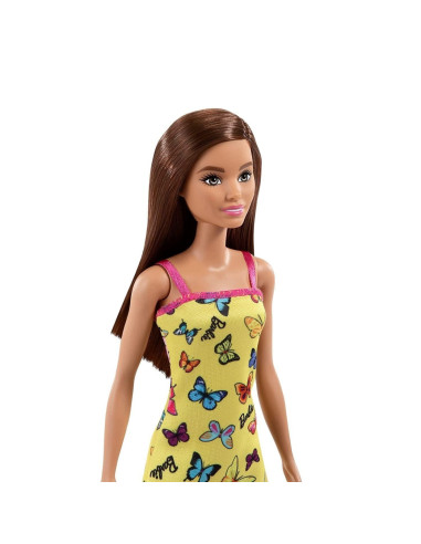 MTT7439_HBV08,Barbie Papusa Clasica Satena Cu Rochita Galbena Cu Imprimeu Cu Fluturi