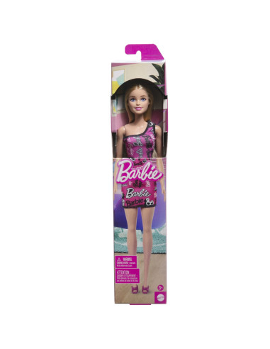 MTT7439_HRH07,Barbie Papusa Clasica Blonda Cu Rochita Roz Cu Imprimeu Barbie