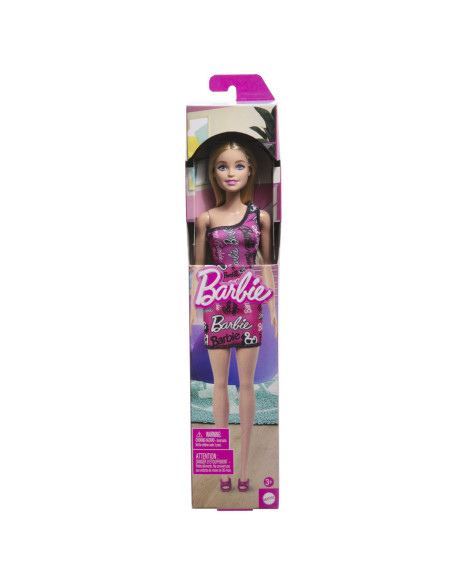 MTT7439_HRH07,Barbie Papusa Clasica Blonda Cu Rochita Roz Cu Imprimeu Barbie