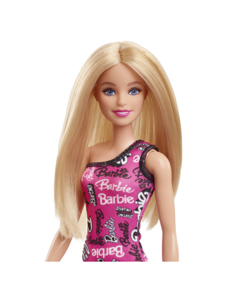 MTT7439_HRH07,Barbie Papusa Clasica Blonda Cu Rochita Roz Cu Imprimeu Barbie