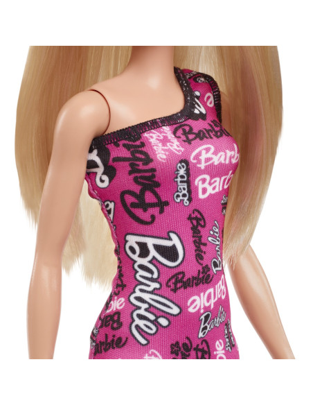 MTT7439_HRH07,Barbie Papusa Clasica Blonda Cu Rochita Roz Cu Imprimeu Barbie