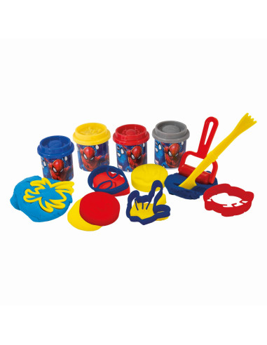 VV-1045-03603,Galetusa Cu 4 Borcanase De Plastilina Si Accesorii De Modelat Spiderman