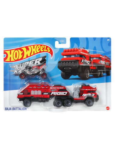 MTBDW51_HMF94,Set Camion Si Masina Sport Hot Wheels Baja Battalion Rosu