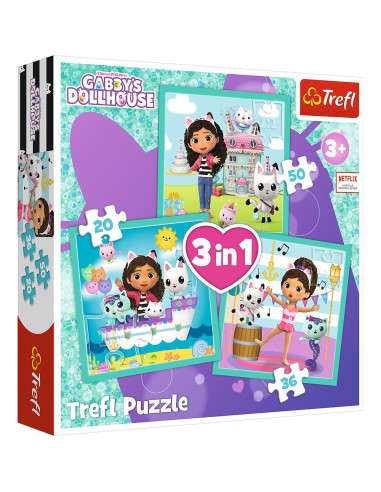 VV-34871,Puzzle Trefl 3in1 Gabbys Dollhouse Activitatile Lui Gabby