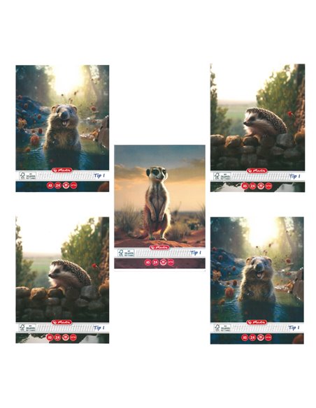 Set 5 caiete Tip I Herlitz A5, 24 file, 80g/mp, Motiv funny wildlife