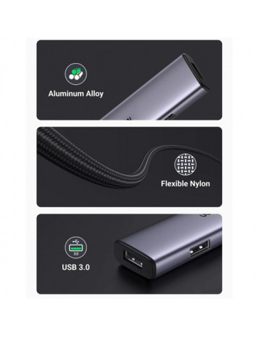 RY-20841,HUB extern Ugreen, "CM473" porturi USB: USB 3.0 x 4, conectare prin USB Type-C, aluminiu, lungime 20 cm, gri, "20841" -