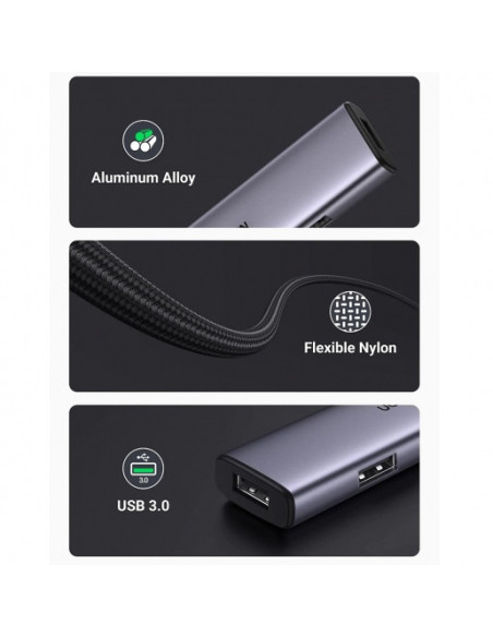 RY-20841,HUB extern Ugreen, "CM473" porturi USB: USB 3.0 x 4, conectare prin USB Type-C, aluminiu, lungime 20 cm, gri, "20841" -