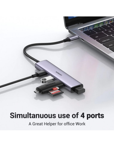 RY-20841,HUB extern Ugreen, "CM473" porturi USB: USB 3.0 x 4, conectare prin USB Type-C, aluminiu, lungime 20 cm, gri, "20841" -