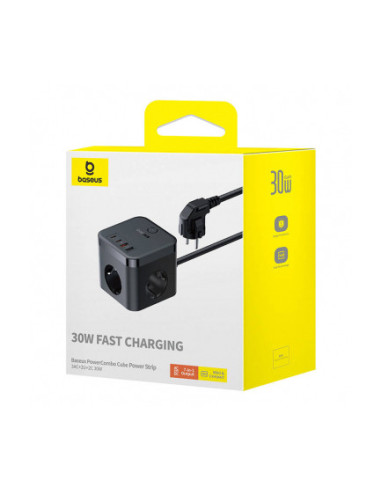 E00066400117-00,Incarcator Baseus GaN Powerstrip, Quick Charge 30W, 3 x AC, 2 x USB Type-C Output 5V/3A, 2 x USB, lungime cablu 