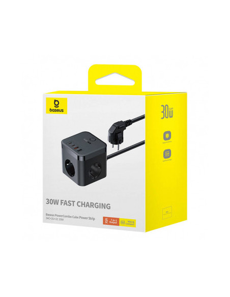 E00066400117-00,Incarcator Baseus GaN Powerstrip, Quick Charge 30W, 3 x AC, 2 x USB Type-C Output 5V/3A, 2 x USB, lungime cablu 