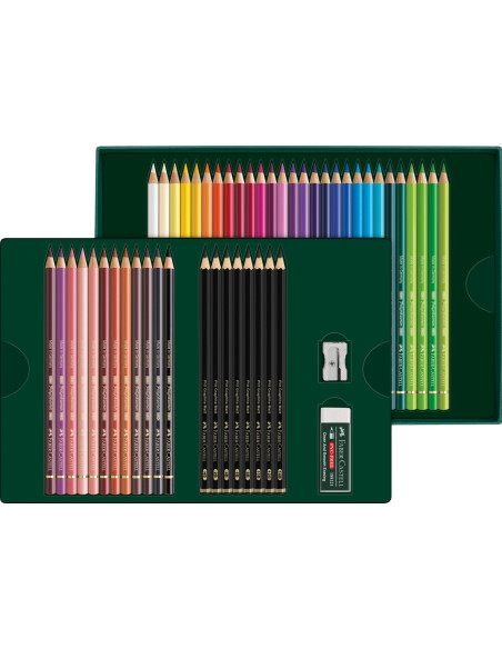 FC210054,Set cadou 40 creioane colorate polychromos + 8 creioane grafit matt + accesorii faber-castell
