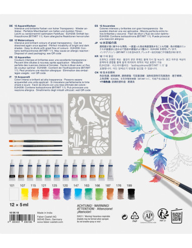 FC169618,Set creativ tempera 18 piese (tempera acuarele 12 cul.*5ml + 4 pensule+ sablon plastic) faber-castell