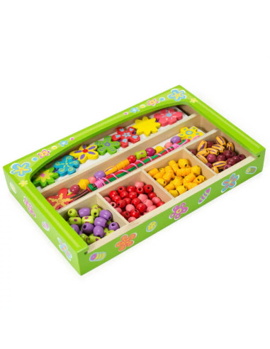 V52730,Margele cu flori pentru insirat coliere in cutie din lemn