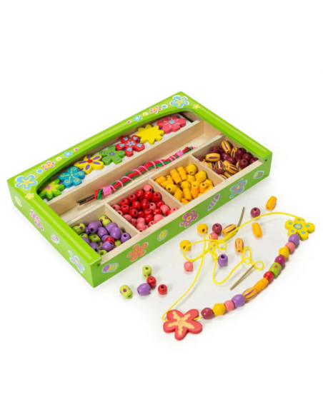 V52730,Margele cu flori pentru insirat coliere in cutie din lemn