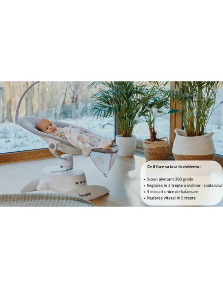 BN-LO-IRIS_BEIGE_SAND,Balansoar, Lionelo, Iris, 2 in 1, Rotire 360 grade, Electric, Cu 3 moduri de leganare, Cu 5 trepte de vite