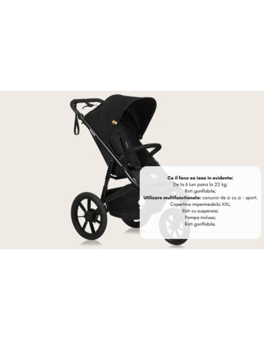 BN-LO-AZURA_BLACK_ONYX,Carucior sport, Lionelo, Azura, Cu 3 roti, Cu baldachin XXL impermeabil, Pliere compacta, Pana la 22 kg, 