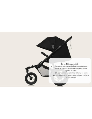 BN-LO-AZURA_BLACK_ONYX,Carucior sport, Lionelo, Azura, Cu 3 roti, Cu baldachin XXL impermeabil, Pliere compacta, Pana la 22 kg, 